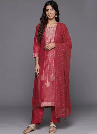 Red Silk Blend Readymade Salwar Suit with Woven Work for Ceremonial