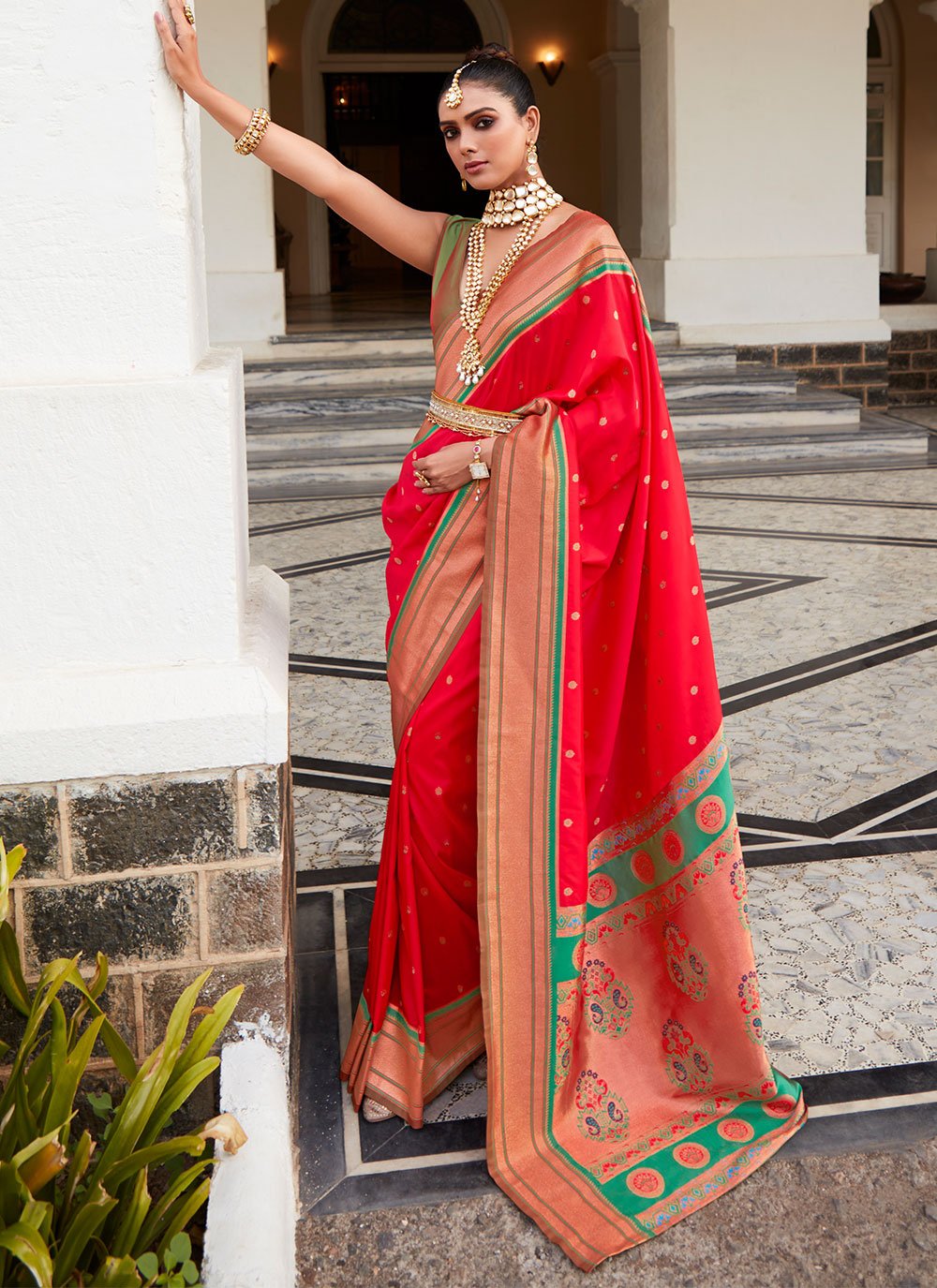 Red Silk Classic Saree with Thread, Woven and Zari Work for Women