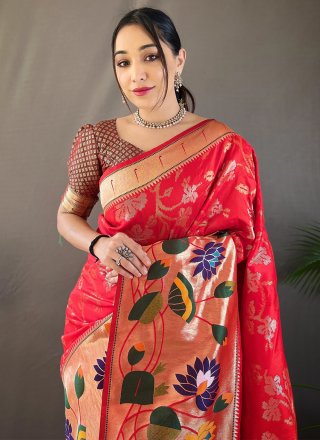 Red Silk Classic Sari with Weaving Work for Ceremonial