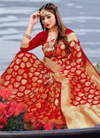 Red Silk Classic Sari with Woven Work for Women