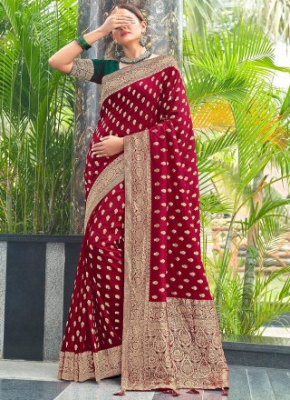 Red Ari Checks Cotton Silk Saree with Golden Border