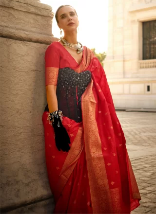 Red Silk Contemporary Sari with Weaving Work for Women