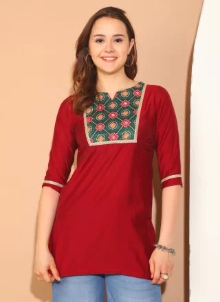 Red Silk Designer Kurti with Lace and Print Work for Casual
