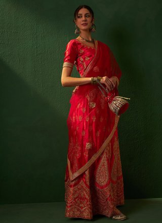 Red Silk Embroidered and Zari Work Lehenga Choli