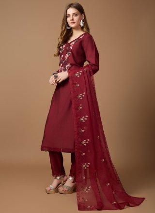 Red Silk Embroidered Work Readymade Salwar Suit for Women