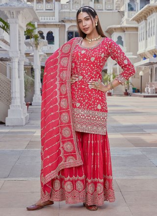 Bandhej Red Salwar Kameez Suit, Punjabi Patiala Rayon Suit With