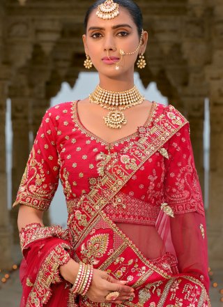 Red Silk Lehenga Choli with Embroidered, Khatli, Sequins, Thread and Zari Work for Bridal