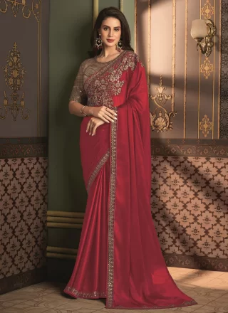 Red Silk Patch Border and Embroidered Work Classic Saree for Women