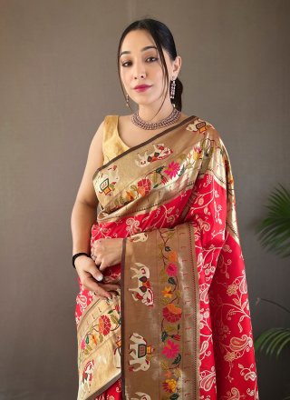 Red Silk Print and Weaving Work Traditional Saree for Women