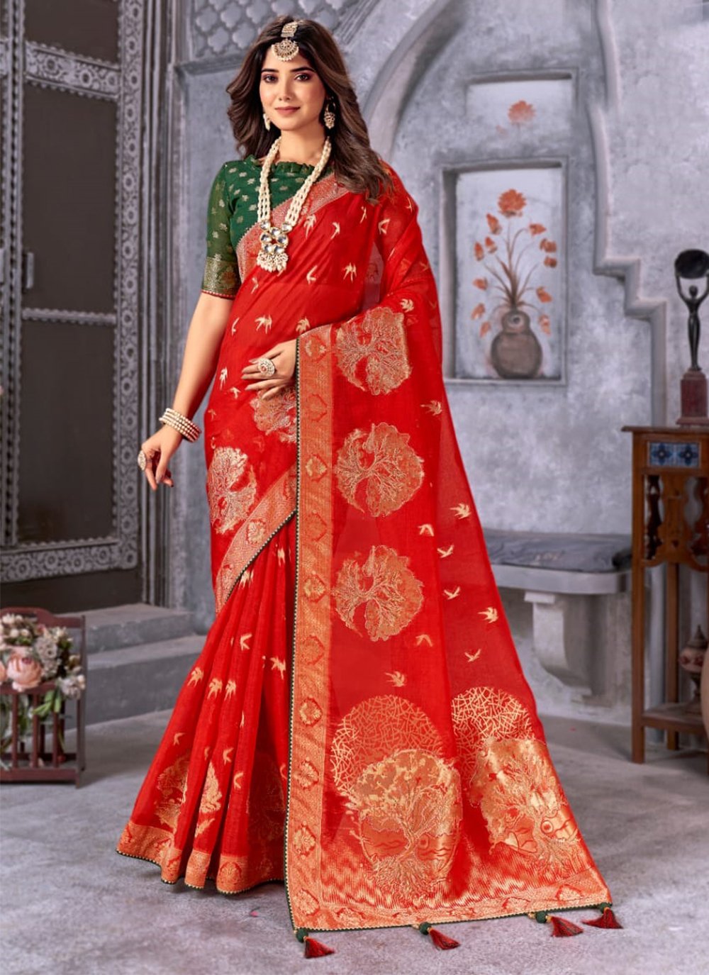 Red Silk Weaving Work Classic Sari for Engagement