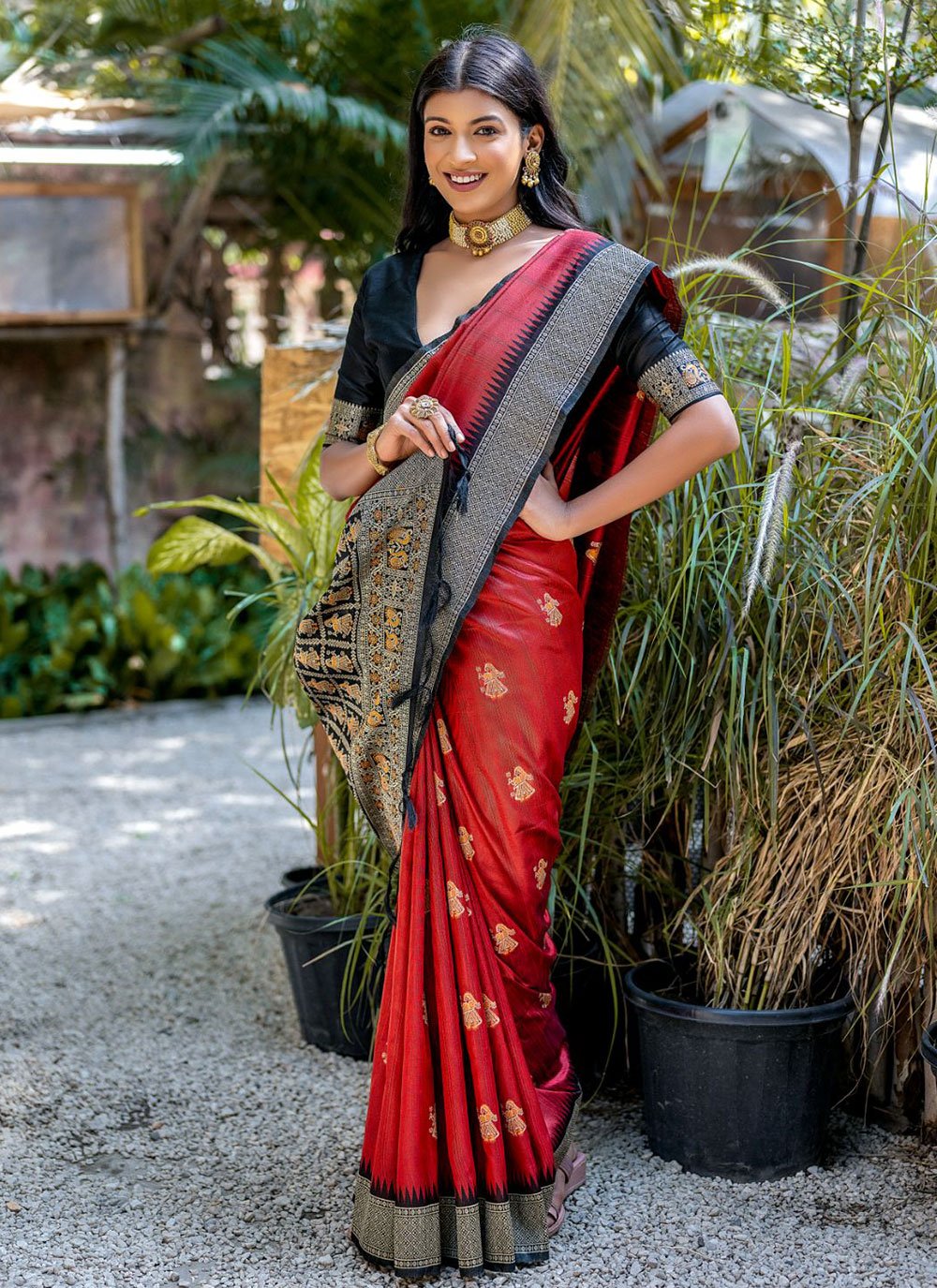 Red plain satin saree with blouse - DWINI - 3619489