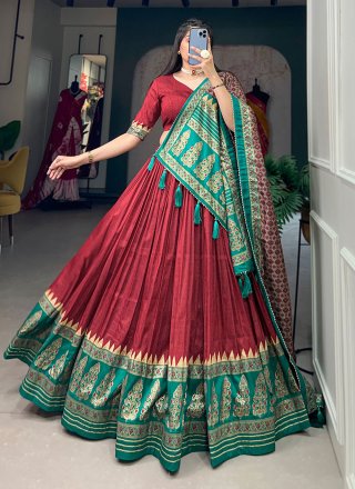 Red Tussar Silk Foil Print Work Lehenga Choli for Ceremonial