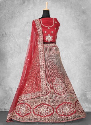 Red Velvet A - Line Lehenga Choli with Embroidered and Sequins Work