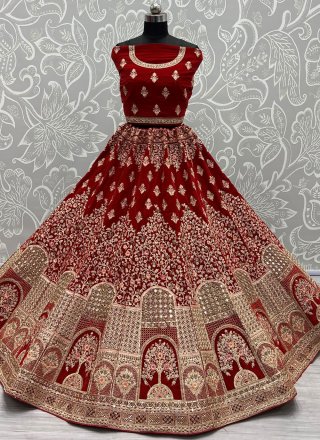 Red Velvet Diamond, Dori, Embroidered, Fancy, Mirror and Zari Work Lehenga Choli