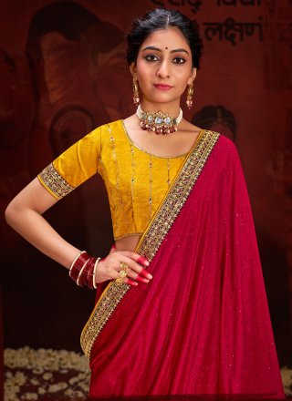 Red Vichitra Silk Contemporary Saree with Sequins and Swarovski Work for Women