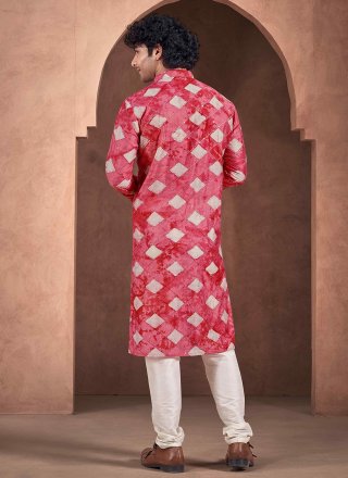 Red Viscose Print and Woven Work Kurta Pyjama