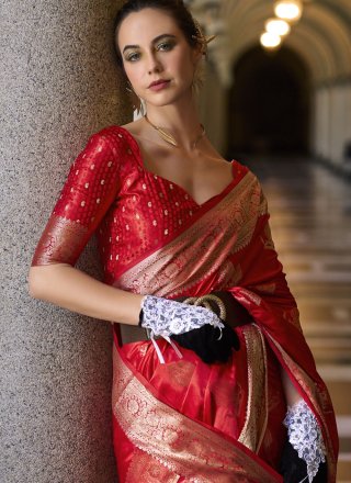 Red Weaving and Zari Work Satin Silk Contemporary Saree
