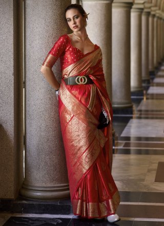 Red Weaving and Zari Work Satin Silk Contemporary Saree