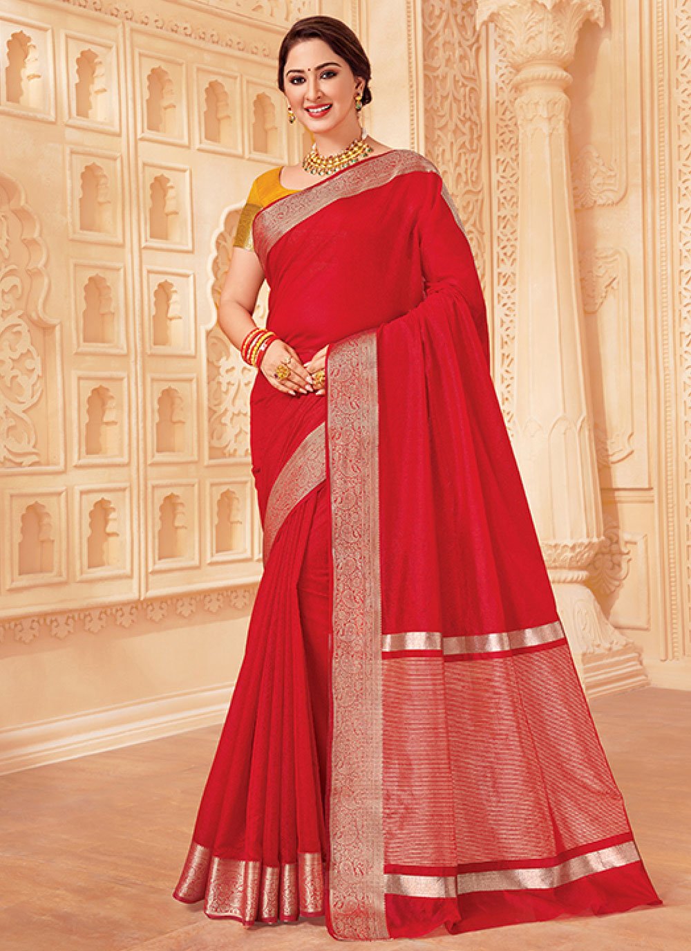 Plain Red Sana Silk Saree With Golden Border at Rs 499 | Printed Silk Saree  in Surat | ID: 20444599948