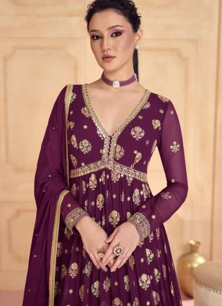 Refreshing Purple Georgette Designer Gown with Embroidered Work