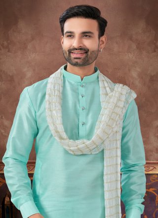Regal Firozi Art Silk Kurta Pyjama In Plain