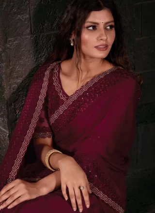 Remarkable Maroon Chiffon Satin Contemporary Saree with Patch Border, Embroidered and Sequins Work