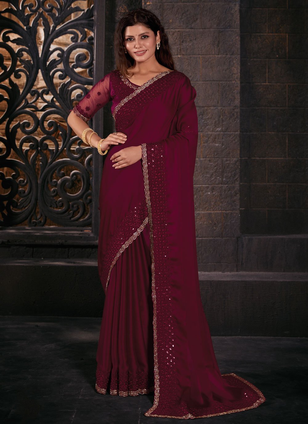 Maroon Net Saree and Maroon Net Sari Online Shopping