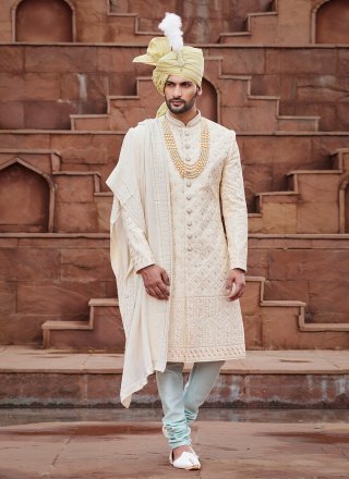 Renowned Gold Art Silk Sherwani Mens Wear