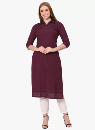 Renowned Wine Cotton Party Wear Kurti with Embroidered Work
