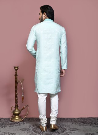 Resham and Woven Work Art Silk Kurta Pyjama In Sea Green