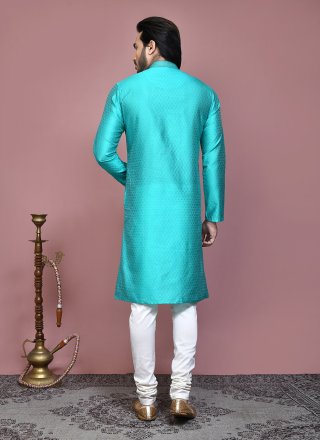Resham and Woven Work Art Silk Kurta Pyjama In Sea Green for Ceremonial