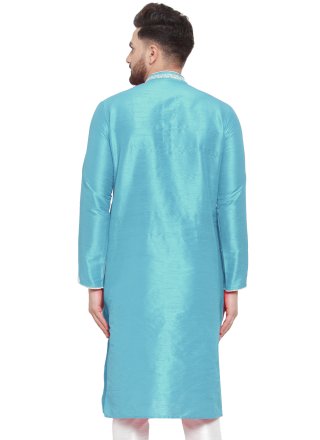 Resplendent Aqua Blue Dupion Silk Kurta Mens Wear with Embroidered Work