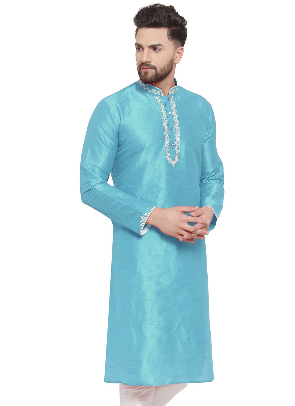 Resplendent Aqua Blue Dupion Silk Kurta Mens Wear With Embroidered Work 