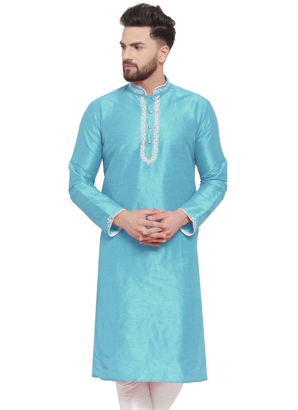 Resplendent Aqua Blue Dupion Silk Kurta Mens Wear With Embroidered Work 