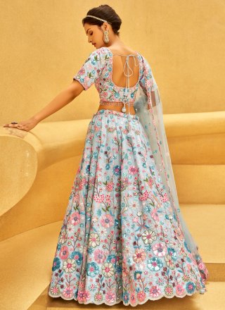 Resplendent Aqua Blue Organza Lehenga Choli with Embroidered, Sequins and Thread Work