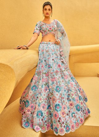 Resplendent Aqua Blue Organza Lehenga Choli with Embroidered, Sequins and Thread Work