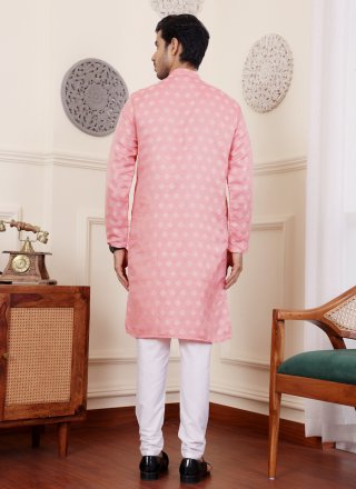 Resplendent Pink Viscose Kurta Pyjama with Jacquard and Woven Work