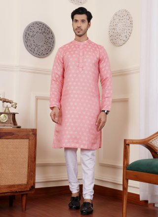Resplendent Pink Viscose Kurta Pyjama with Jacquard and Woven Work