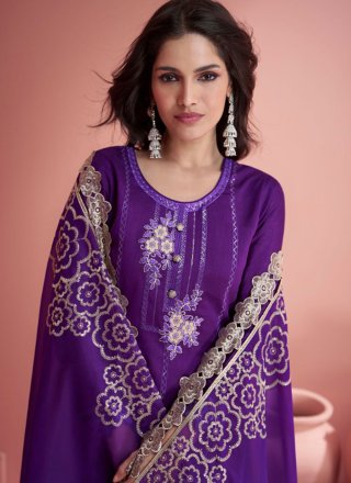 Resplendent Purple Silk Salwar Suit with Embroidered and Zari Work