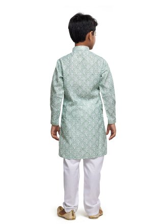 Riveting Sea Green Cotton Kurta Pyjama with Digital Print and Thread Work