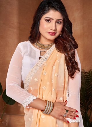 Royal Peach Georgette Contemporary Sari with Embroidered Work