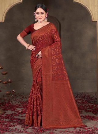 Rust Cotton Casual Saree with Fancy Work for Women