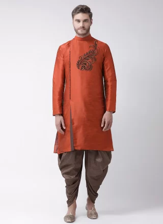 Rust Dupion Silk Angrakha Mens Wear with Embroidered Work for Men