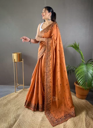 Rust Embroidered and Resham Thread Work Silk Traditional Saree
