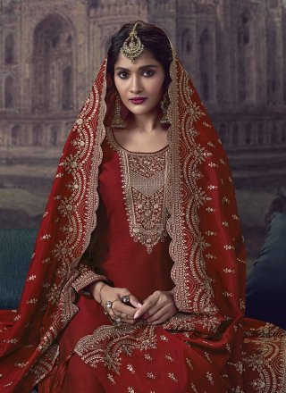 Rust Georgette Embroidered and Zari Work Palazzo Salwar Suit