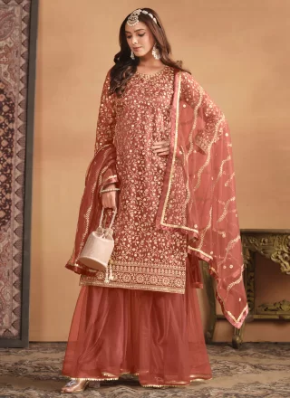 Rust Net Salwar Suit with Embroidered and Sequins Work for Ceremonial