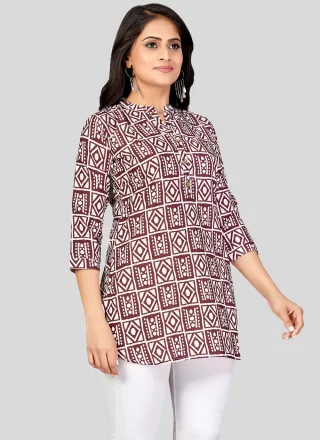 Rust Pure Crepe Party Wear Kurti with Print Work for Casual