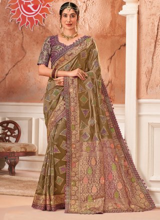 Rust Silk Trendy Saree with Embroidered and Weaving Work for Women