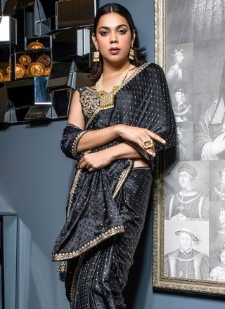 Satin Classic Sari with Floral Patch and Weaving Work
