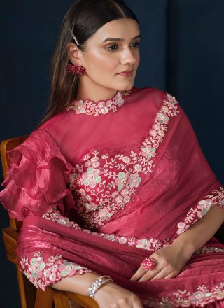 Satin Silk Classic Sari In Pink and Rani